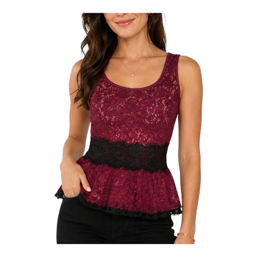 Pinky Lace Top Size S Sheer Black Maroon Side Zip Peplum New Y2K Vamp Whimsygoth